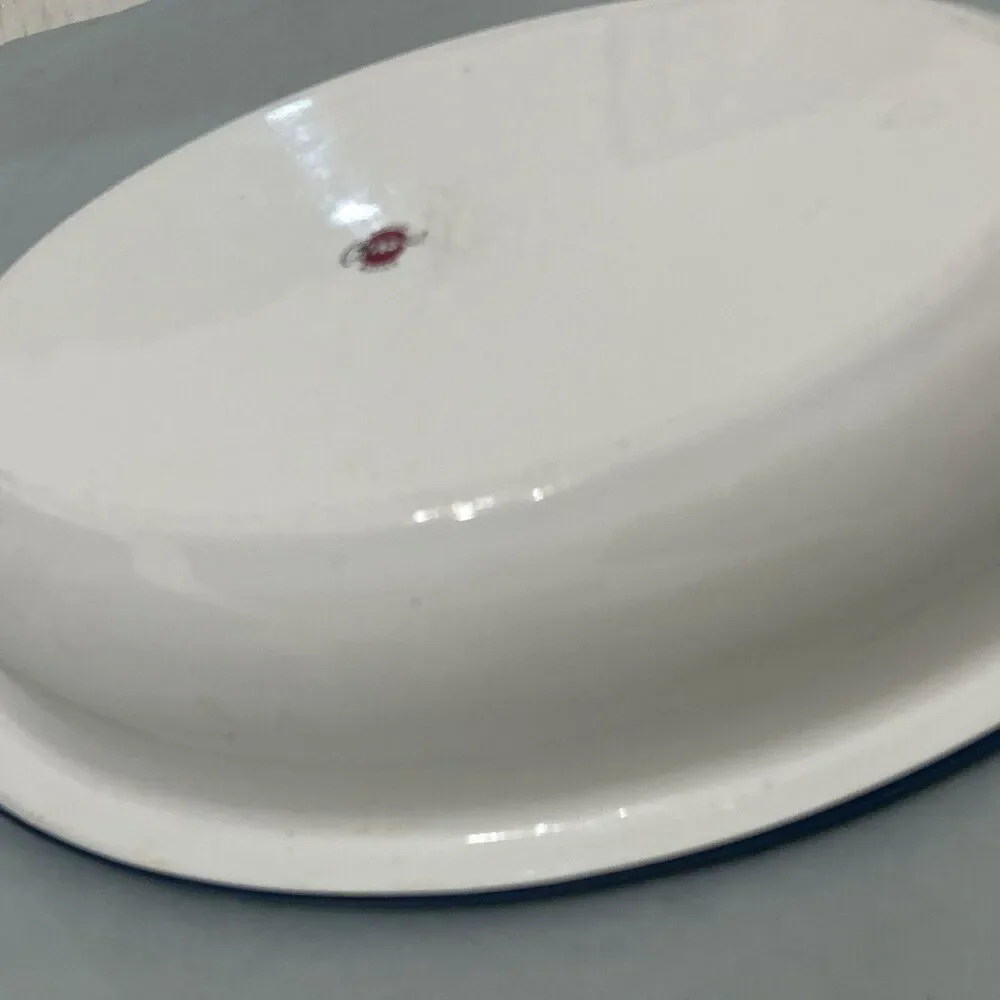 Vtg Enamelware Floral Print Rose Cinsa Brand Saltillo Mexico Oval Blue Trim